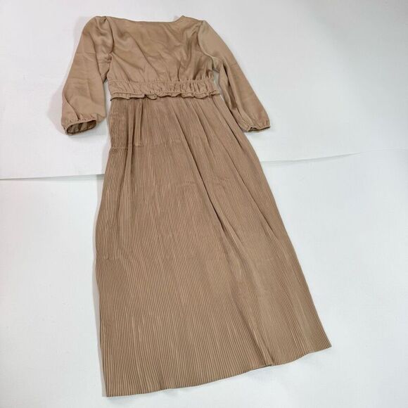 Baltic Born Maxi Dress Womens Small Tan Venus Pleated Long Sleeve Old Money New* - Picture 8 of 11